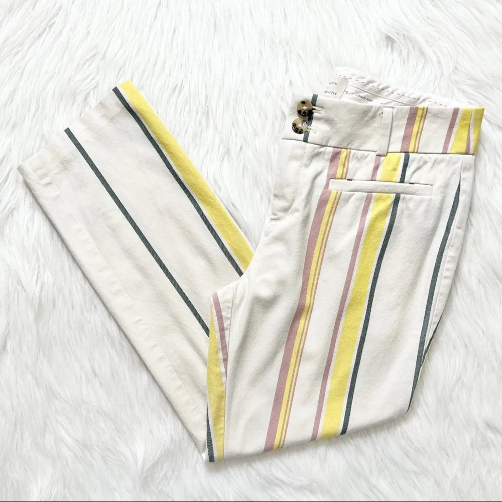 SOLD-Anthropologie Pastel Striped Cream Cropped Straight Trouser Pants - Picture 6 of 9